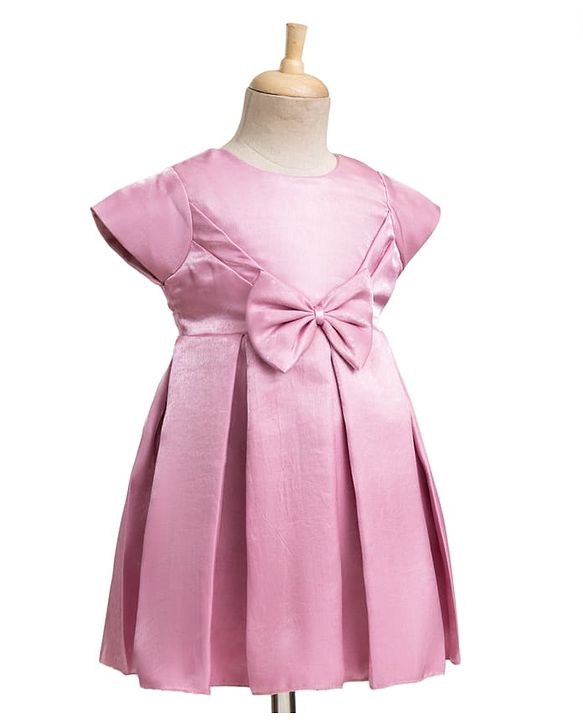 Babyhug Satin Woven Half Puff Sleeves Glass Nylon Fit & Flare Party Dress with Yoke Pleating & Bow - Pink