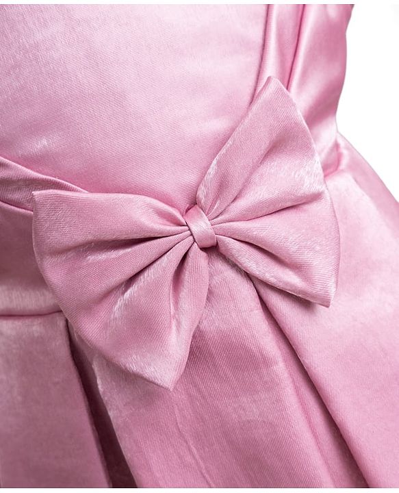 Babyhug Satin Woven Half Puff Sleeves Glass Nylon Fit & Flare Party Dress with Yoke Pleating & Bow - Pink
