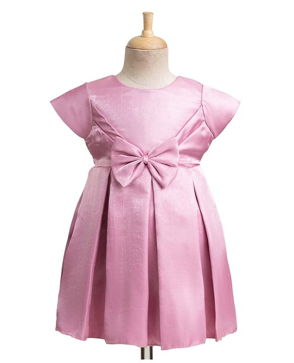 Babyhug Satin Woven Half Puff Sleeves Glass Nylon Fit & Flare Party Dress with Yoke Pleating & Bow - Pink