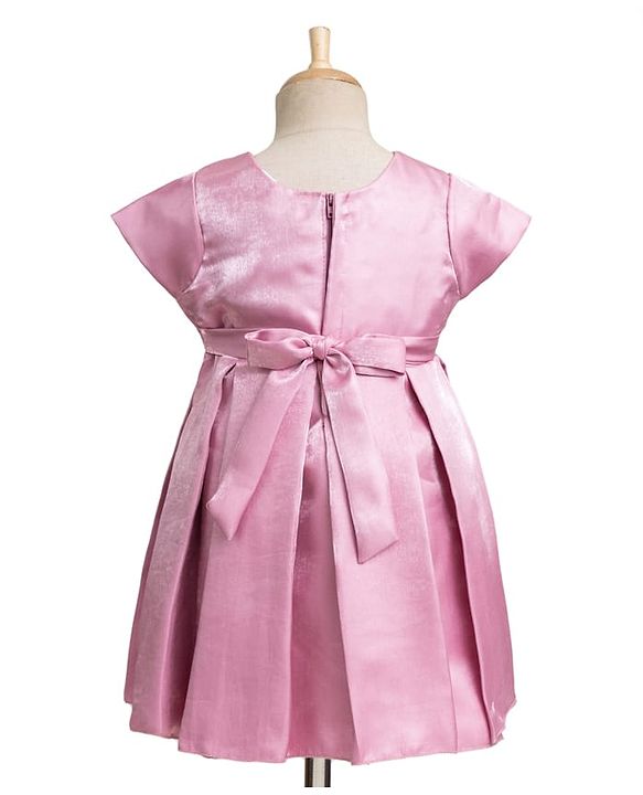 Babyhug Satin Woven Half Puff Sleeves Glass Nylon Fit & Flare Party Dress with Yoke Pleating & Bow - Pink