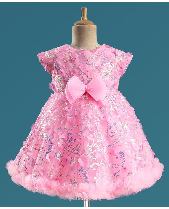 Babyhug Mesh Woven Cap Sleeves Party Dress With Floral Applique & Sequin Detailing - Dark Pink