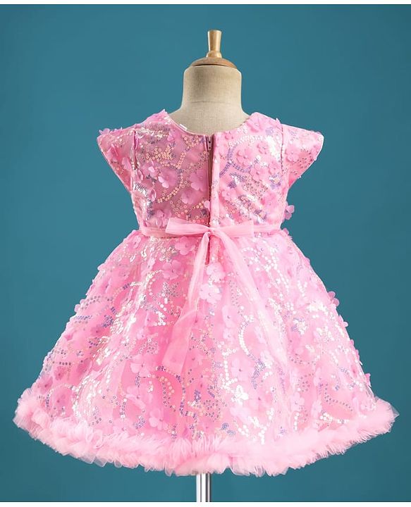 Babyhug Mesh Woven Cap Sleeves Party Dress With Floral Applique & Sequin Detailing - Dark Pink