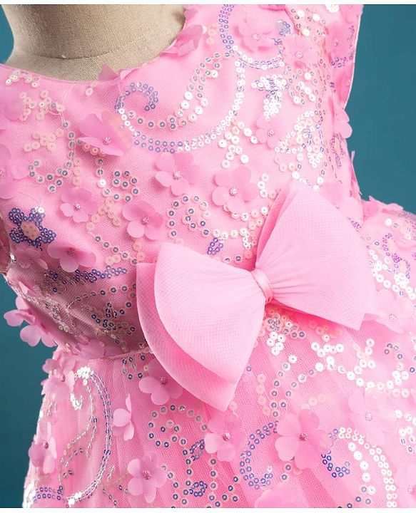 Babyhug Mesh Woven Cap Sleeves Party Dress With Floral Applique & Sequin Detailing - Dark Pink