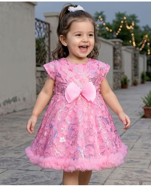 Babyhug Mesh Woven Cap Sleeves Party Dress With Floral Applique & Sequin Detailing - Dark Pink
