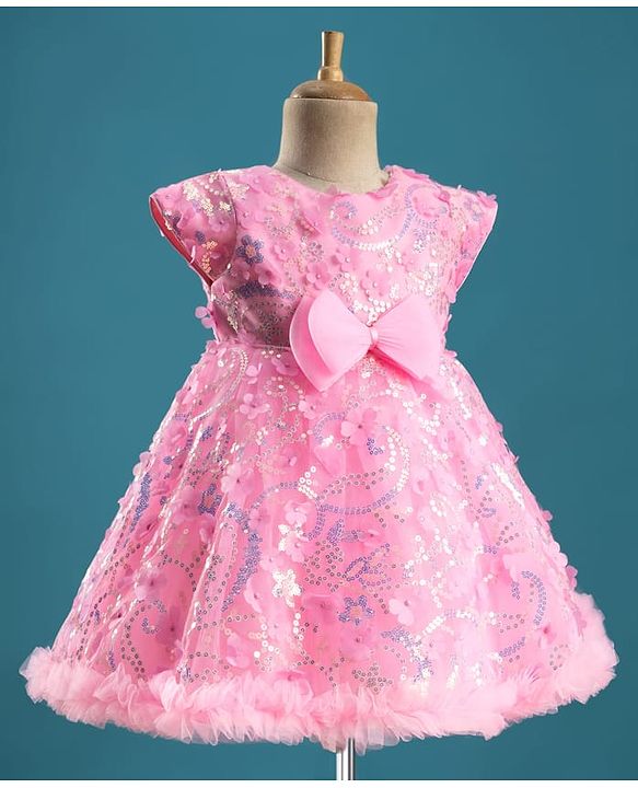Babyhug Mesh Woven Cap Sleeves Party Dress With Floral Applique & Sequin Detailing - Dark Pink