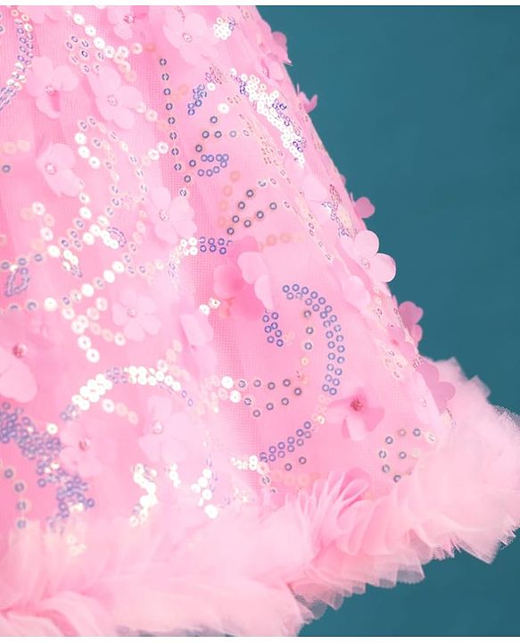 Babyhug Mesh Woven Cap Sleeves Party Dress With Floral Applique & Sequin Detailing - Dark Pink
