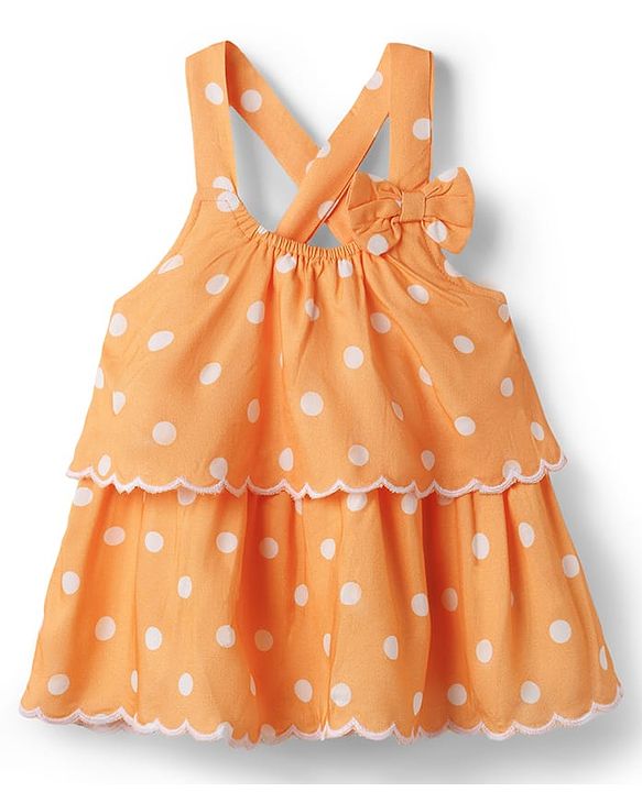 Babyhug Cotton Woven Sleeveless Top with Polka Dot Print & Bow Applique - Multicolor
