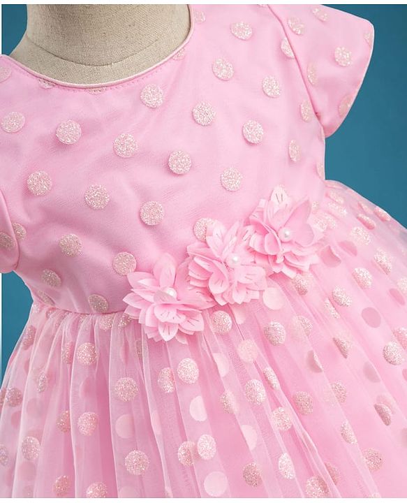 Babyhug Mesh Woven Cap Sleeves Foil Printed Party Dress With Floral Corsage - Light Pink