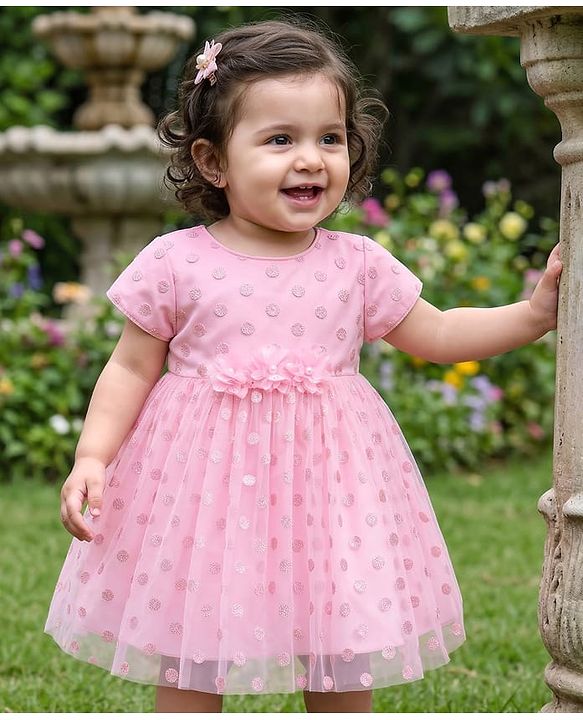 Babyhug Mesh Woven Cap Sleeves Foil Printed Party Dress With Floral Corsage - Light Pink