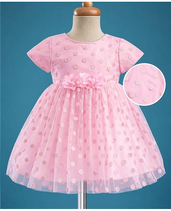 Babyhug Mesh Woven Cap Sleeves Foil Printed Party Dress With Floral Corsage - Light Pink