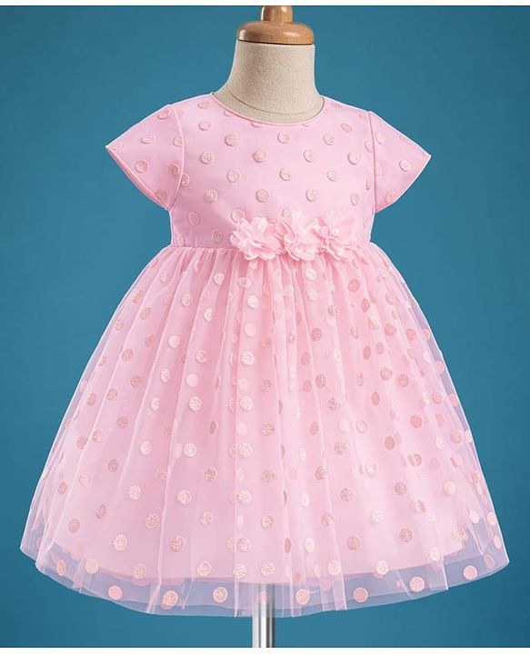 Babyhug Mesh Woven Cap Sleeves Foil Printed Party Dress With Floral Corsage - Light Pink