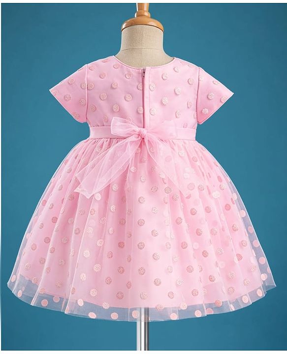 Babyhug Mesh Woven Cap Sleeves Foil Printed Party Dress With Floral Corsage - Light Pink