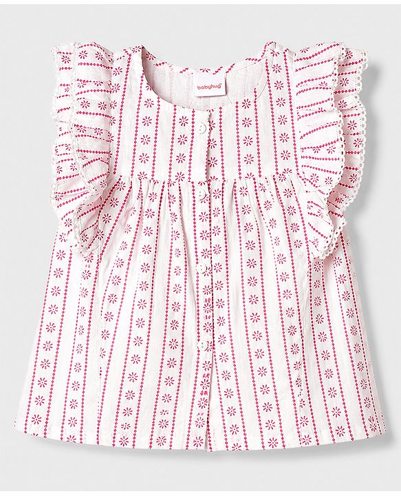 Babyhug 100% Cotton Woven Frill Sleeves Top With Floral Print - Multicolor