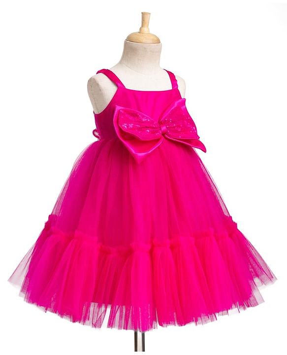 Babyhug Mesh Woven Sleeveless Party Dress With Sequin Bow Applique - Dark Pink