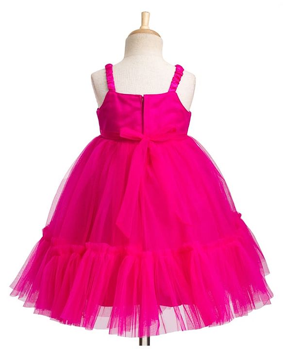 Babyhug Mesh Woven Sleeveless Party Dress With Sequin Bow Applique - Dark Pink