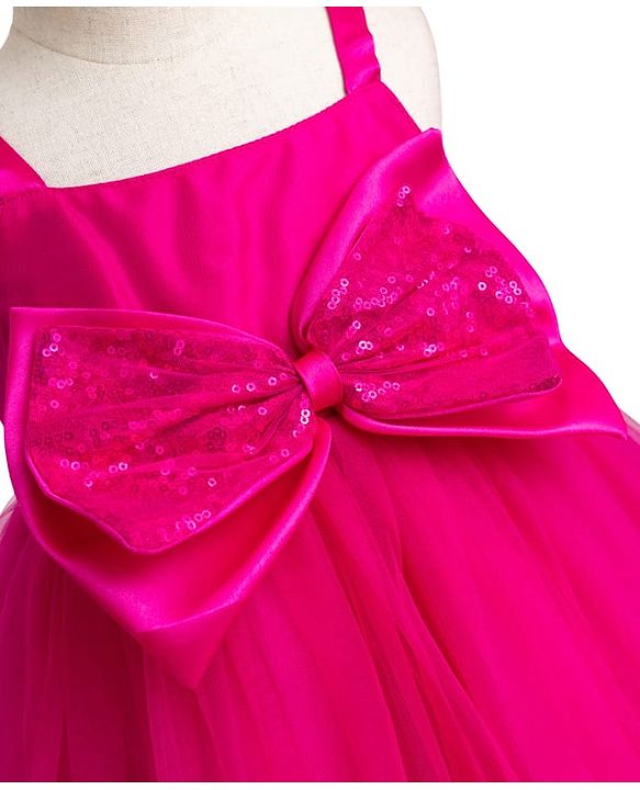 Babyhug Mesh Woven Sleeveless Party Dress With Sequin Bow Applique - Dark Pink