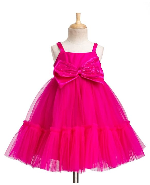Babyhug Mesh Woven Sleeveless Party Dress With Sequin Bow Applique - Dark Pink