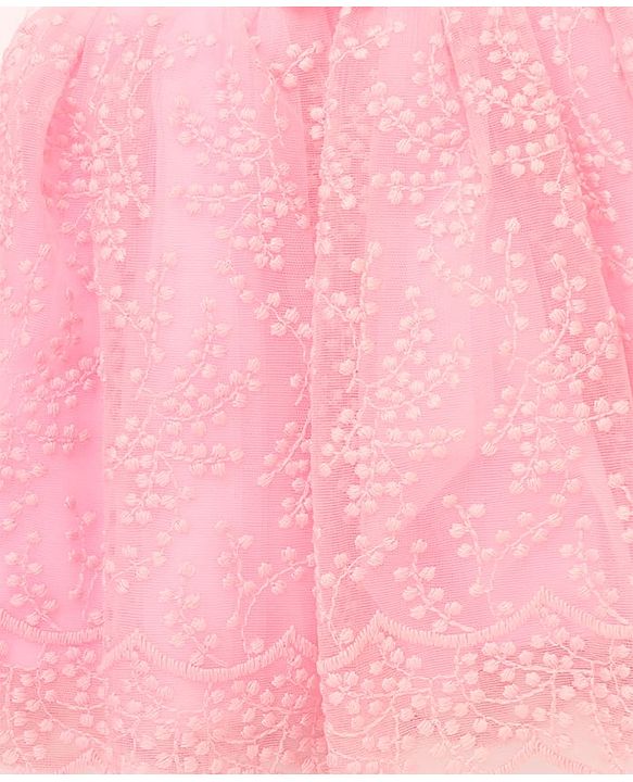 Babyhug Mesh Woven Half Frill Sleeves Floral Embroidered Party Dress with Bow Applique - Light Pink