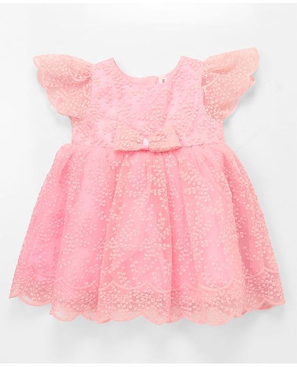 Babyhug Mesh Woven Half Frill Sleeves Floral Embroidered Party Dress with Bow Applique - Light Pink