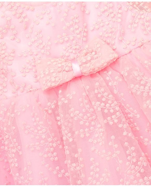Babyhug Mesh Woven Half Frill Sleeves Floral Embroidered Party Dress with Bow Applique - Light Pink