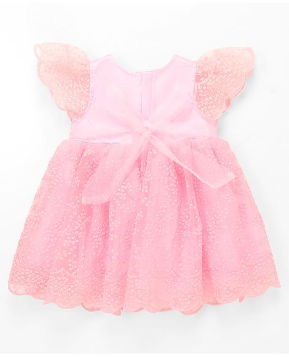 Babyhug Mesh Woven Half Frill Sleeves Floral Embroidered Party Dress with Bow Applique - Light Pink
