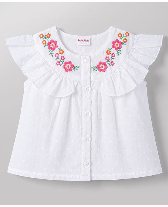 Babyhug 100% Cotton Woven Top with Embroidery Detailing, Frill Sleeves Multi Color 6-9 Months