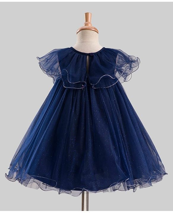 Babyhug Mesh Woven Sleeveless Solid Party Dress With Frill Detailing - Navy Blue