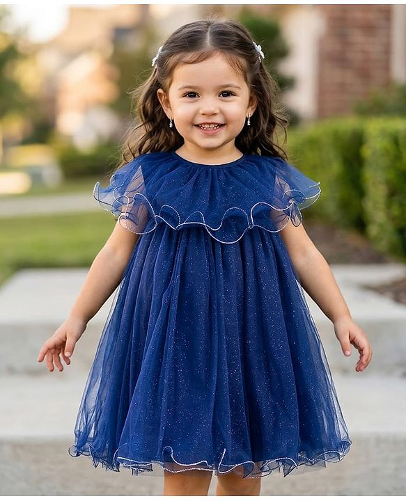 Babyhug Mesh Woven Sleeveless Solid Party Dress With Frill Detailing - Navy Blue