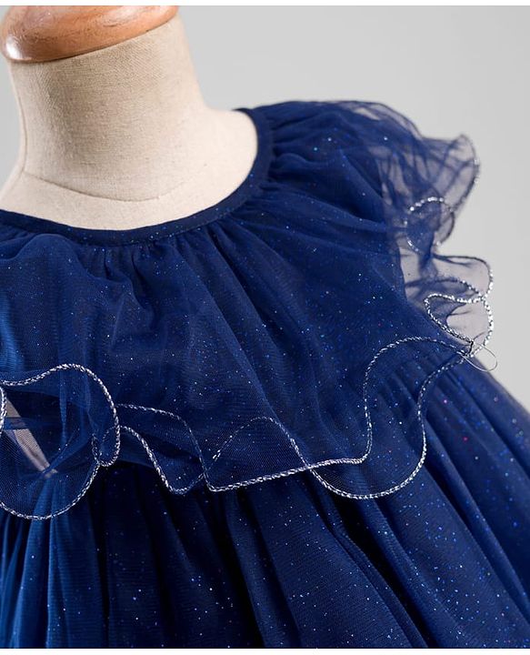 Babyhug Mesh Woven Sleeveless Solid Party Dress With Frill Detailing - Navy Blue