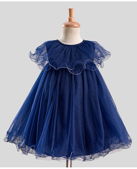 Babyhug Mesh Woven Sleeveless Solid Party Dress With Frill Detailing - Navy Blue