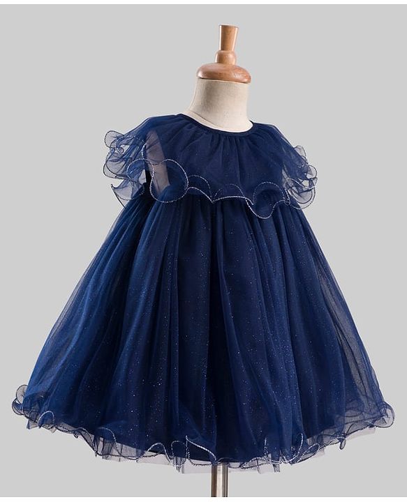 Babyhug Mesh Woven Sleeveless Solid Party Dress With Frill Detailing - Navy Blue