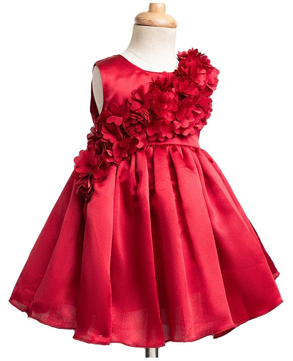 Babyhug Satin Woven Sleeveless Party Dress with Floral Corsage - Red