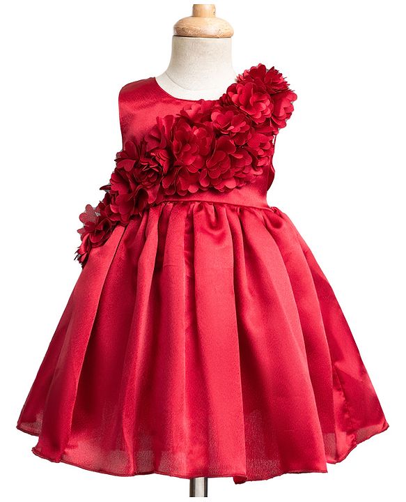 Babyhug Satin Woven Sleeveless Party Dress with Floral Corsage - Red