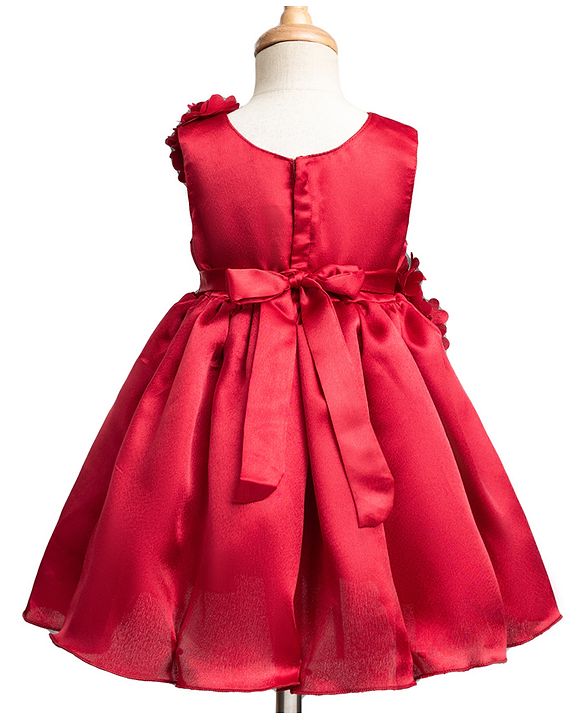 Babyhug Satin Woven Sleeveless Party Dress with Floral Corsage - Red