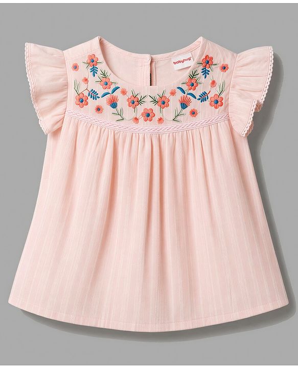 Babyhug 100% Cotton Knit Sleeveless Floral Embroidered Top - Peach