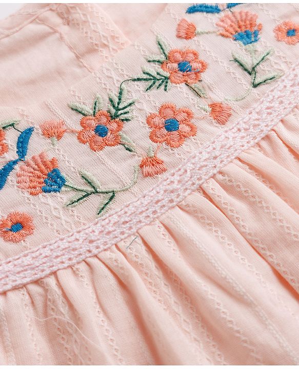 Babyhug 100% Cotton Knit Sleeveless Floral Embroidered Top - Peach