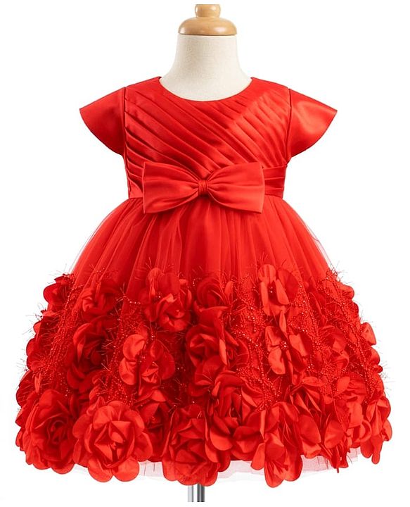 Babyhug Mesh Woven Cap Sleeves Yoke Pleated Party Dress With Floral & Bow Applique - Red