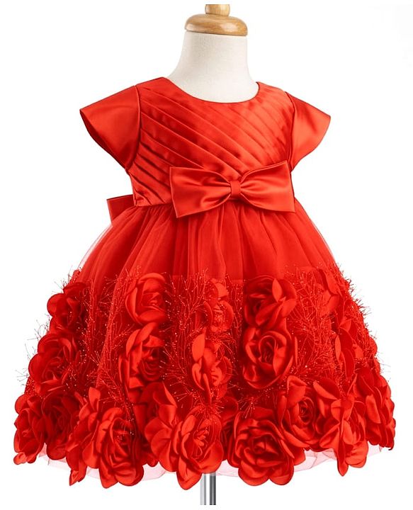 Babyhug Mesh Woven Cap Sleeves Yoke Pleated Party Dress With Floral & Bow Applique - Red