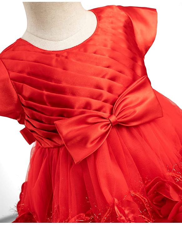 Babyhug Mesh Woven Cap Sleeves Yoke Pleated Party Dress With Floral & Bow Applique - Red