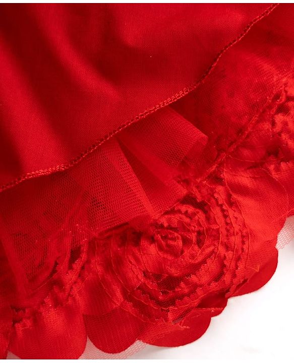 Babyhug Mesh Woven Cap Sleeves Yoke Pleated Party Dress With Floral & Bow Applique - Red