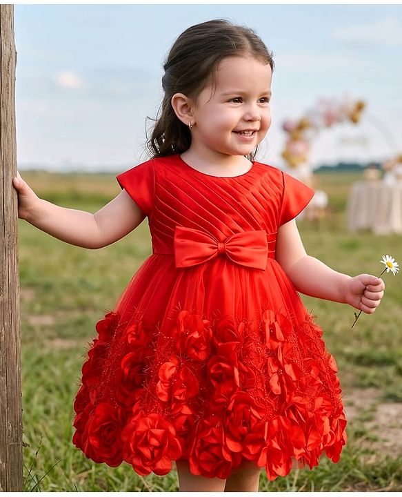 Babyhug Mesh Woven Cap Sleeves Yoke Pleated Party Dress With Floral & Bow Applique - Red