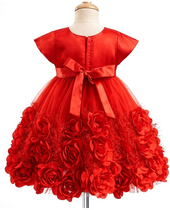Babyhug Mesh Woven Cap Sleeves Yoke Pleated Party Dress With Floral & Bow Applique - Red