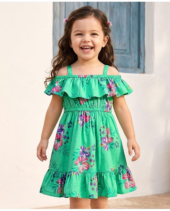Babyhug Single Jersey Knit Frill Sleeves Floral Printed Frock - Sea Green