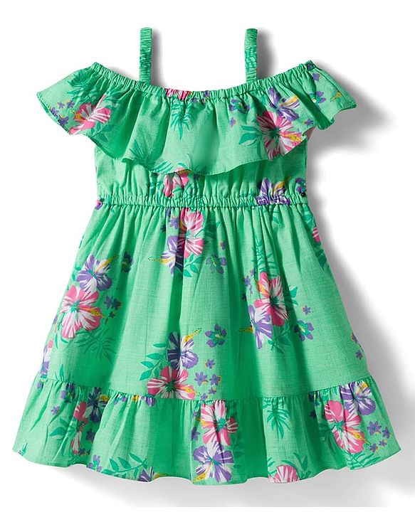 Babyhug Single Jersey Knit Frill Sleeves Floral Printed Frock - Sea Green