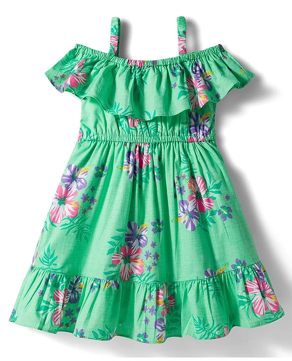 Babyhug Single Jersey Knit Frill Sleeves Floral Printed Frock - Sea Green