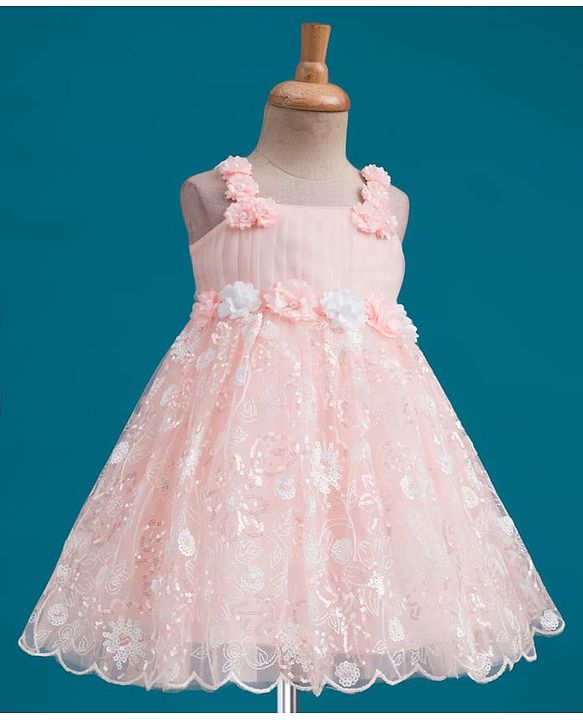 Babyhug Mesh Woven Sleeveless Party Dress With Floral Corsage & Sequin Detailing - Peach