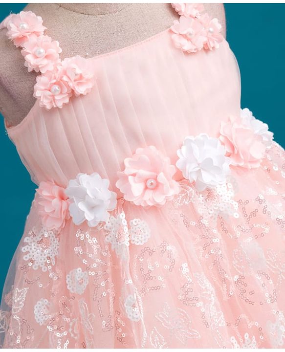 Babyhug Mesh Woven Sleeveless Party Dress With Floral Corsage & Sequin Detailing - Peach