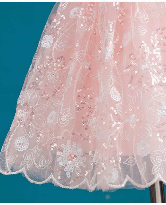 Babyhug Mesh Woven Sleeveless Party Dress With Floral Corsage & Sequin Detailing - Peach