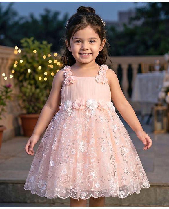 Babyhug Mesh Woven Sleeveless Party Dress With Floral Corsage & Sequin Detailing - Peach
