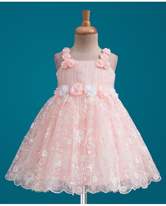 Babyhug Mesh Woven Sleeveless Party Dress With Floral Corsage & Sequin Detailing - Peach